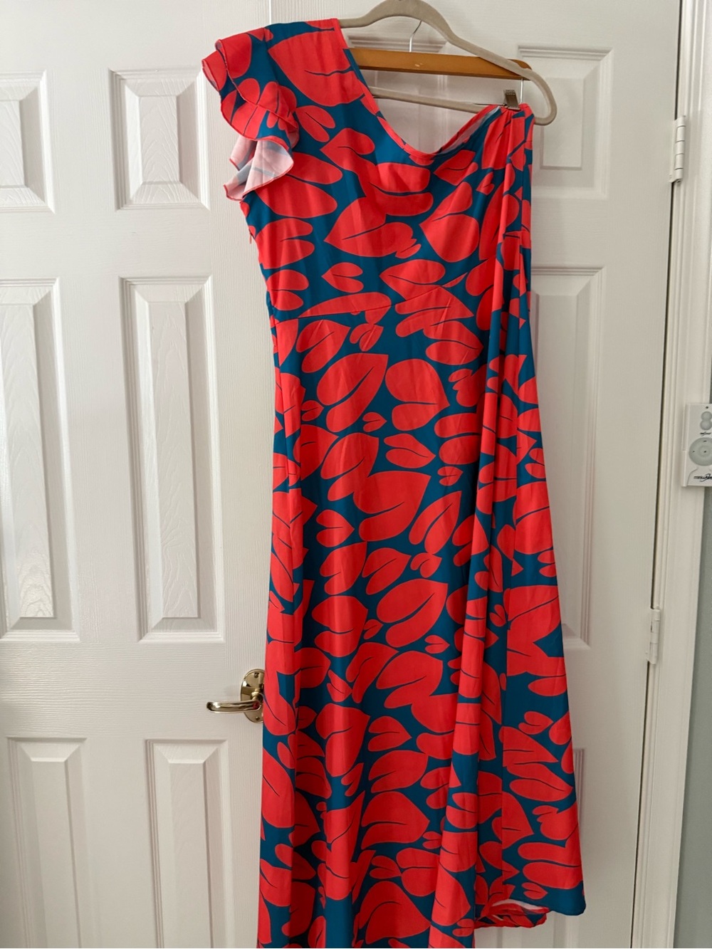 Red and Teal Abstract Print One-Shoulder Women’s Dress